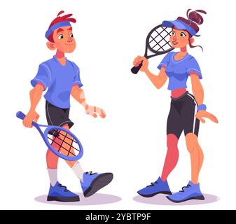 Set di personaggi per tennisti - giovane uomo sorridente e donna in abbigliamento sportivo con racchetta. Illustrazione vettoriale cartoni animati di atlete maschili e femminili durante il tra Illustrazione Vettoriale