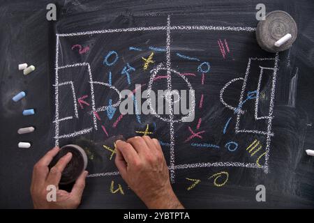 Lezione di tattiche e schemi calcio disegnato con un gessetto sulla lavagna Foto Stock