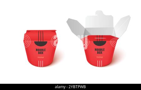 Pacchetto di cibo rosso cinese da asporto. Mockup scatola di noodle. Modello di carta da asporto per la consegna di wok dal ristorante. Aprire la confezione del sacchetto per la pasta. Realistica c Illustrazione Vettoriale