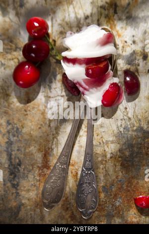 Gelato artigianale a base di panna e ciliegie Foto Stock