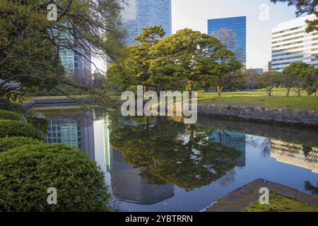 Sorprendente contrasto tra la natura del parco e gli enormi grattacieli, situati nello speciale quartiere Chuo di Tokyo. Si trova alla foce del Foto Stock