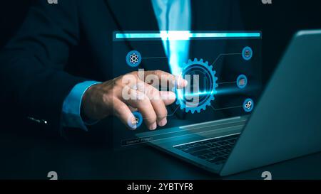 Concetto di tecnologia o utilizzo dell'intelligenza artificiale per aiutare il lavoro, uomo d'affari che mostra la tecnologia moderna sulla tecnologia di intelligenza artificiale della rete Internet nella vita di tutti i giorni, interne Foto Stock