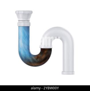 Intasamento e acqua nel tubo di scarico del lavandino in plastica. Il bagno e il tubo idraulico della toilette sono bloccati con il drenaggio. Pulizia vettoriale 3d realistica con detergente e di Illustrazione Vettoriale
