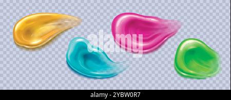 Dentifricio colorato o gel per la cura del viso e del corpo strisci e gocce con bolle su sfondo trasparente. Serie di illustrazioni vettoriali realistiche di BE Illustrazione Vettoriale