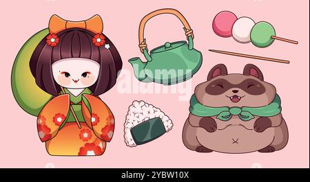 Giocattoli daruma giapponesi messi isolati sullo sfondo. Cartoni animati vettoriali contemporanei raffiguranti una bambola di geisha, un criceto grasso, un bollitore per il tè tradizionale Illustrazione Vettoriale