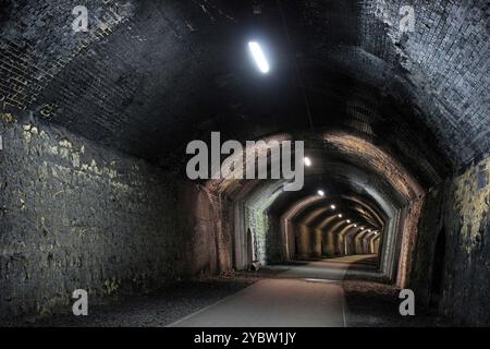 Tunnel delle lapidi, Monsal Trail, Monsal Dale, Bakewell, Peak District, Derbyshire, Regno Unito Foto Stock