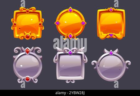 Cornici di gioco medievali in oro e argento isolate sullo sfondo. Illustrazione vettoriale di bottoni rotondi quadrati in metallo decorati con pietre preziose, Illustrazione Vettoriale