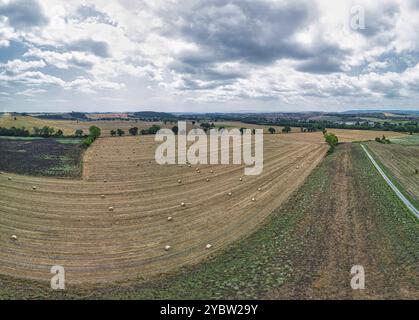 Vista aerea di un paesaggio rurale con un campo ad angolo Foto Stock