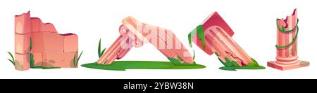 Le rovine di un antico edificio sono isolate su sfondo bianco. Illustrazione vettoriale di pilastri in marmo antico danneggiati, pareti in mattoni incrinati, pezzi di Illustrazione Vettoriale