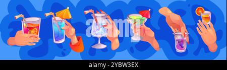 Mani con bicchieri da cocktail isolati su sfondo blu. Illustrazione vettoriale del cartone animato di persone dita che tengono tazze di vetro con bevande alcoliche, frutta Illustrazione Vettoriale