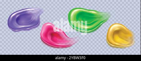 Dentifricio colorato o gel per la cura del viso e del corpo strisci e gocce con bolle su sfondo trasparente. Serie di illustrazioni vettoriali realistiche di BE Illustrazione Vettoriale