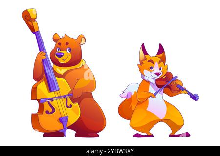 Simpatici animali da cartoni animati che suonano strumenti musicali per il concetto di gruppo infantile. Serie di illustrazioni vettoriali di divertenti e felici personaggi della foresta selvaggia musicisti - bea Illustrazione Vettoriale