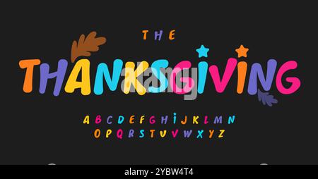 Allegro carattere bolla, lettere arcobaleno luminose, alfabeto argilloso arrotondato con uno stile caldo e accogliente per festeggiare il carnevale, festività natalizie, vivaci Illustrazione Vettoriale