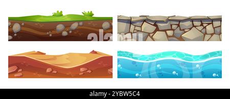 Taglia lo strato di massa per la progettazione della piattaforma dell'interfaccia utente di gioco. Set di vettori cartoon di terreno sotterraneo senza cuciture con erba verde, sabbia nel deserto, mare o oceani Illustrazione Vettoriale
