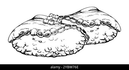 Cibo tradizionale giapponese, sushi nigiri di pesce crudo su palla di riso, fette di tentacoli di polpo tako, condimento di caviale, disegnato a mano in penna vettoriale, inchiostro Illustrazione Vettoriale