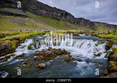 Islanda, regione del Sudurland, cascata Fossalar vicino a Kirkjubaejarklaustur Foto Stock