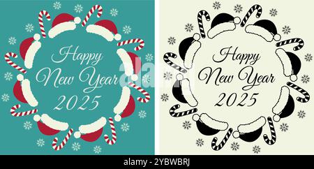 Scritta buon anno 2025, Candy Canes, Babbo Natale e fiocchi di neve bordo rotondo con cornice, set di 2 biglietti d'auguri isolati per illustrazioni vettoriali, poster, banner, brochure, volantini, promozione sull'etichetta o sul web Illustrazione Vettoriale