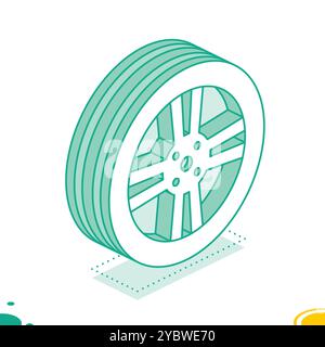 Ruota della vettura con icona isometrica degli pneumatici. Illustrazione vettoriale. Delineare l'oggetto isolato su sfondo bianco. Illustrazione Vettoriale