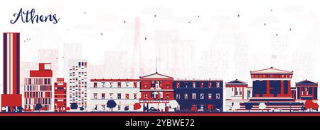 Skyline astratto della città greca di Atene con edifici colorati. Illustrazione vettoriale. Business e turismo. Il paesaggio urbano di Atene con i suoi monumenti storici. Illustrazione Vettoriale