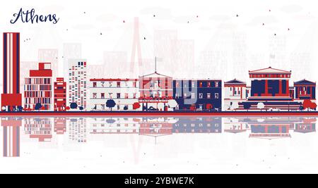 Skyline astratto della città greca di Atene con edifici colorati e riflessi. Illustrazione vettoriale. Business e turismo. Il paesaggio urbano di Atene. Illustrazione Vettoriale