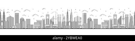 Motivo senza cuciture con contorno Kuala Lumpur Malesia City Skyline con edifici moderni isolati sul bianco. Illustrazione vettoriale. Paesaggio urbano di Kuala Lumpur. Illustrazione Vettoriale