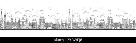 Motivo senza cuciture con contorno dello skyline della città austriaca di Vienna con edifici storici isolati sul bianco. Illustrazione vettoriale. Paesaggio urbano di Vienna. Illustrazione Vettoriale