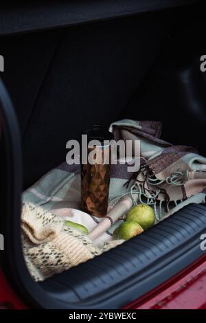 Maglione lavorato a maglia, tre frutti di pera e tazza thermos su coperta a scacchi nel bagagliaio aperto dell'auto. Natura morta autunnale. Picnic su strada. Viaggiare stile di vita momen Foto Stock