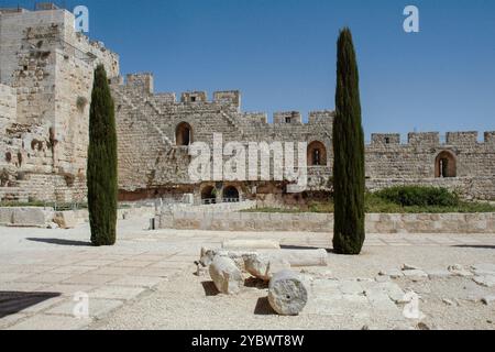 Vista delle antiche rovine e delle colonne di pietra nel Parco Archeologico Davidson, situato sotto il Monte del Tempio nella città Vecchia di Gerusalemme, Israele. Foto Stock