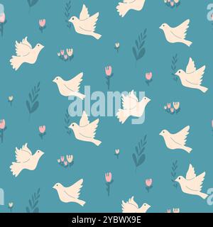 Motivo a colomba senza cuciture. Piccione volante che tiene un ramo d'ulivo ripetere la copertura. Ornamento continuo Sky Flight. Motivo per uccelli di disegno con motivi superficiali. Vettore Illustrazione Vettoriale