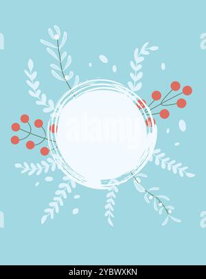 Modello Winter card con cornice circolare decorata con elementi botanici e frutti di bosco su sfondo azzurro. Illustrazione vettoriale disegnata a mano. Illustrazione Vettoriale