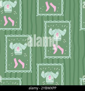Brutto pullover e calze motivo senza cuciture. Abbigliamento invernale accogliente e divertente, sfondo infinito. Caldo abbigliamento natalizio ornamento continuo. desi. Ripetizione superficie Illustrazione Vettoriale