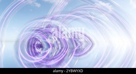 Immagine astratta con una luce viola vorticosa che scorre contro un cielo blu. Foto Stock