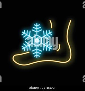 Illustrazione con insegna al neon con fiocco di neve azzurro che tocca un piede con contorno giallo su sfondo nero Illustrazione Vettoriale