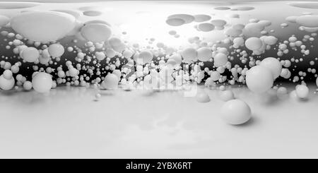 Una scena surreale e astratta caratterizzata da numerose sfere bianche di varie dimensioni che fluttuano su uno sfondo sfumato che passa dalla luce al buio. Il Foto Stock