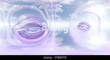 Un'opera d'arte digitale astratta con forme turbolente di colore viola e bianco contro un cielo blu morbido con nuvole. Il design crea un atmo onirico ed etereo Foto Stock