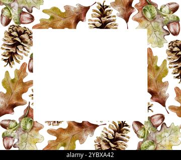 Giallo autunnale, foglie marroni, coni, quercia con cornice a ghianda su bianco. Illustrazione ad acquerello autunnale per il Ringraziamento, Harvest Festival, decorazione della festa di Halloween. Foto Stock