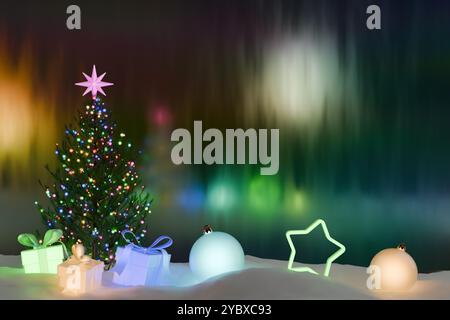 Un albero di Natale splendidamente decorato circondato da ornamenti colorati e regali in un ambiente festoso. rendering 3d. Foto Stock