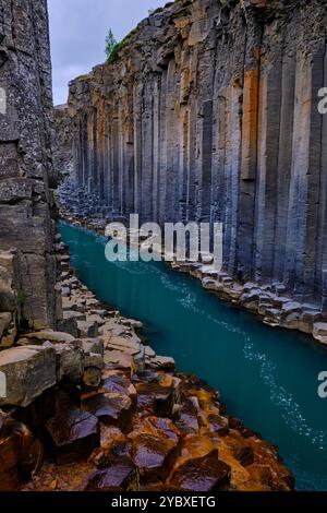 Islanda, provincia di Austurland, Egilsstadi, canyon di Studlagil, colonne di basalto Foto Stock