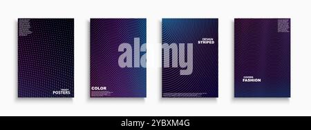 Collection of color futuristic abstract posters, templates, placards, brochures, banners, flyers, cards. Dark halftone dotted and striped gradient Illustrazione Vettoriale