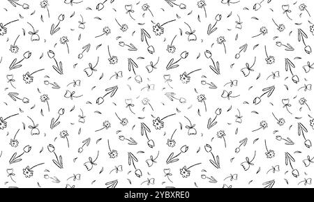 Motivo vettoriale monocromatico senza cuciture con fiori semplici. Elementi botanici neri disegnati con una matita di cera sulla lavagna. Sfondo floreale vettoriale per Illustrazione Vettoriale