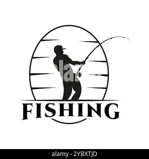 Un pescatore con una canna da pesca che tira un pesce, . La silhouette di un pescatore con sfondo ovale. Questo logo è stato progettato per eventi di pesca o per l'aria condizionata Illustrazione Vettoriale