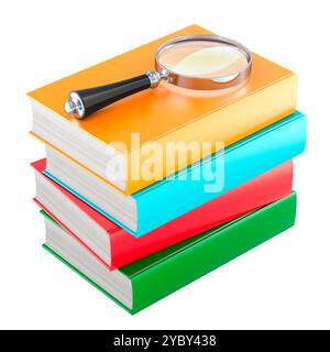 Pila di libri con lente di ingrandimento, rendering 3D isolato su sfondo bianco Foto Stock