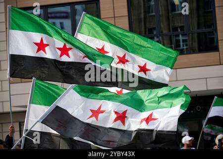 Syrische Flaggen die auf einer Essener Demo von Syrern gegen das regime von Baschar al-Assad geschwenkt wurden. Veröffentlichungen nur für redaktionel Foto Stock