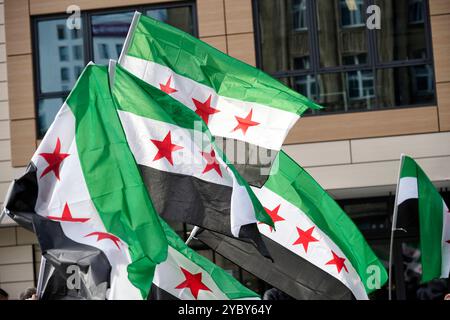 Syrische Flaggen Syrische Flaggen die auf einer Essener Demo von Syrern gegen das regime von Baschar al-Assad geschwenkt wurden. Veröffentlichungen nur für redaktionelle Zwecke. Foto: FotoPrensa Essen NRW *** bandiere siriane bandiere siriane sventolate durante una manifestazione ad Essen da parte dei siriani contro il regime di Bashar al Assad pubblicazione a soli fini editoriali foto FotoPrensa Essen NRW Foto Stock