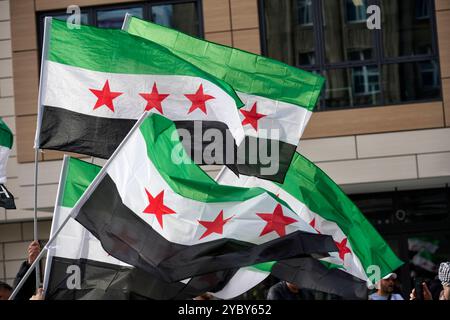 Syrische Flaggen Syrische Flaggen die auf einer Essener Demo von Syrern gegen das regime von Baschar al-Assad geschwenkt wurden. Veröffentlichungen nur für redaktionelle Zwecke. Foto: FotoPrensa Essen NRW *** bandiere siriane bandiere siriane sventolate durante una manifestazione ad Essen da parte dei siriani contro il regime di Bashar al Assad pubblicazione a soli fini editoriali foto FotoPrensa Essen NRW Foto Stock