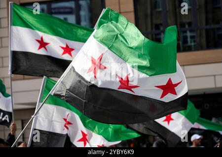 Syrische Flaggen Syrische Flaggen die auf einer Essener Demo von Syrern gegen das regime von Baschar al-Assad geschwenkt wurden. Veröffentlichungen nur für redaktionelle Zwecke. Foto: FotoPrensa Essen NRW *** bandiere siriane bandiere siriane sventolate durante una manifestazione ad Essen da parte dei siriani contro il regime di Bashar al Assad pubblicazione a soli fini editoriali foto FotoPrensa Essen NRW Foto Stock