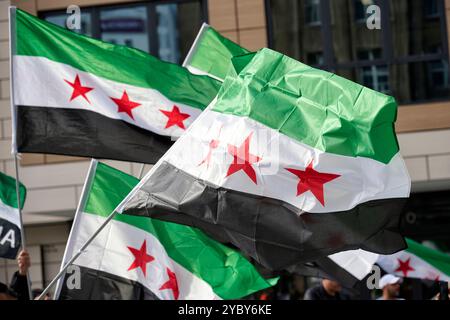 Syrische Flaggen Syrische Flaggen die auf einer Essener Demo von Syrern gegen das regime von Baschar al-Assad geschwenkt wurden. Veröffentlichungen nur für redaktionelle Zwecke. Foto: FotoPrensa Essen NRW *** bandiere siriane bandiere siriane sventolate durante una manifestazione ad Essen da parte dei siriani contro il regime di Bashar al Assad pubblicazione a soli fini editoriali foto FotoPrensa Essen NRW Foto Stock