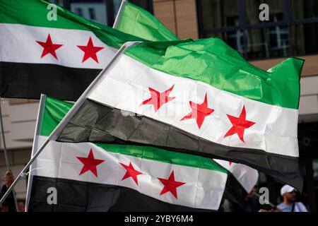 Syrische Flaggen Syrische Flaggen die auf einer Essener Demo von Syrern gegen das regime von Baschar al-Assad geschwenkt wurden. Veröffentlichungen nur für redaktionelle Zwecke. Foto: FotoPrensa Essen NRW *** bandiere siriane bandiere siriane sventolate durante una manifestazione ad Essen da parte dei siriani contro il regime di Bashar al Assad pubblicazione a soli fini editoriali foto FotoPrensa Essen NRW Foto Stock