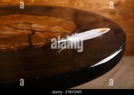 Un elegante tavolo rotondo che mostra uno splendido piano in legno pietrificato, elegantemente esposto su un caldo sfondo in legno, perfetto per interni moderni Foto Stock