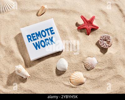 Firma con testo lavoro remoto sulla sabbia della spiaggia circondato da conchiglie, concetto di lavoro remoto e equilibrio tra lavoro e vita privata Foto Stock
